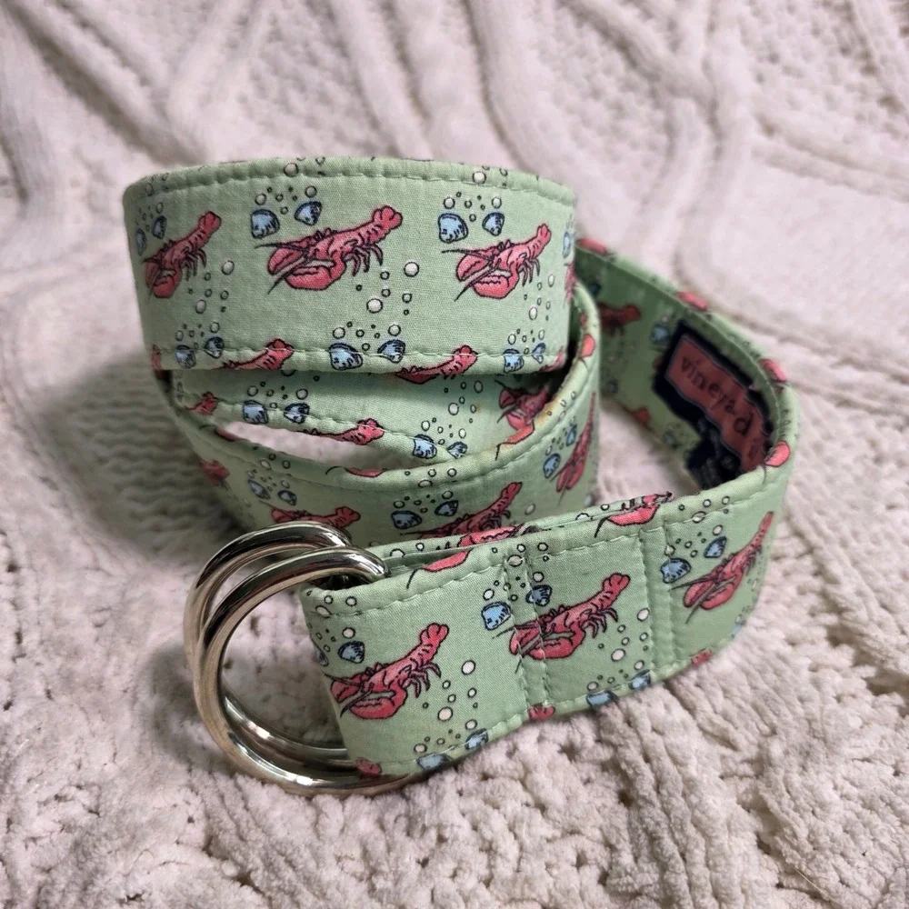 Vineyard Vines Cotton D-Ring Belt Green Lobster Print Mens Large